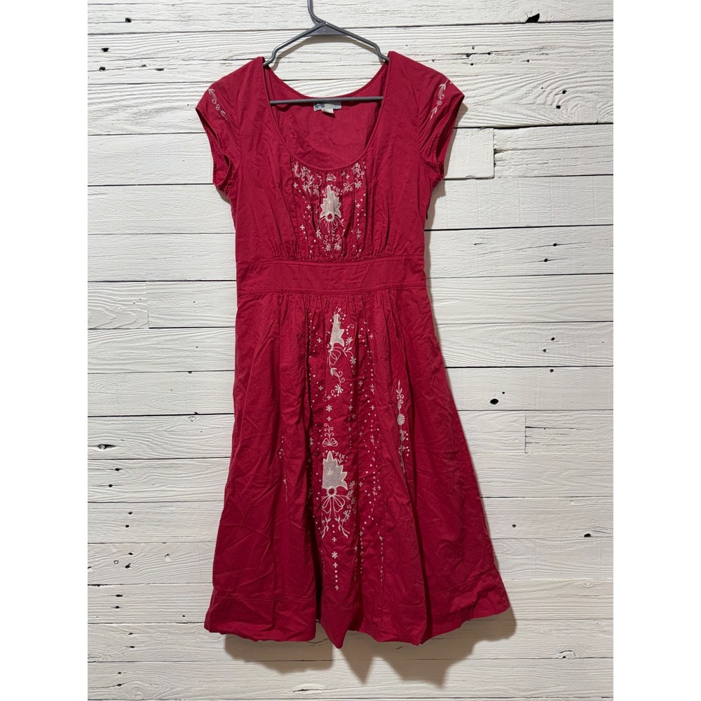 Anthropologie Lil Fit & Flare Midi Dress Women 6 Red Excellent Embroidered Boho